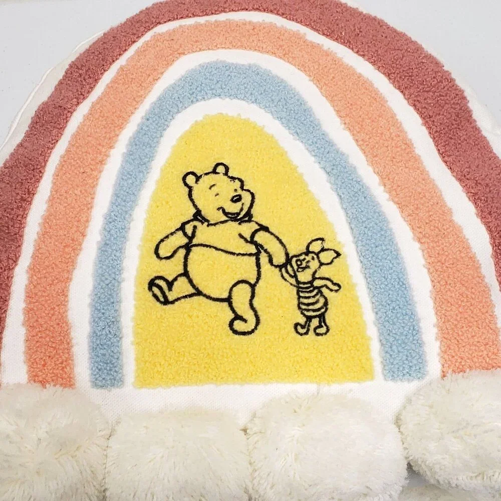Disney Store Winnie the Pooh Piglet Rainbow Pillow Cushion Pom Poms